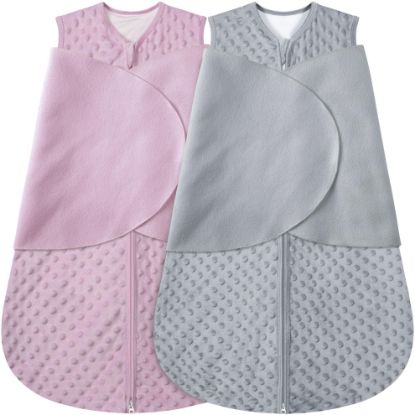 Picture of BSTOPPT Fleece Newborn Sleep Sack Baby Swaddle,3-Way Adjustable Wearable Blanket,2 Pack Fleece Swaddling Sleeping Bag TOG 2.0， (Gray & Pink, 6-12 Months)