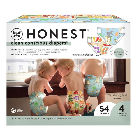 Picture of The Honest Company Clean Conscious Diapers for Sensitive Skin | Hypoallergenic, Fragrance Free | Spring '25 Limited Edition Prints | Club Box, Size 4 (22-37 lbs), 54 Count