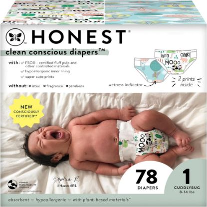 Picture of The Honest Company Clean Conscious Diapers for Sensitive Skin | Hypoallergenic, Fragrance Free | Gender Neutral Prints | Club Box, Size 1 (8-14 lbs), 78 Count