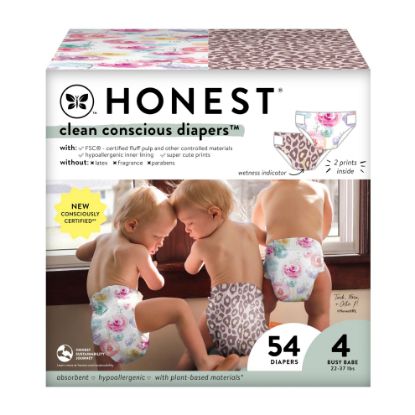 Picture of The Honest Company Clean Conscious Diapers for Sensitive Skin | Hypoallergenic, Fragrance Free | Girl Prints | Club Box, Size 4 (22-37 lbs), 54 Count