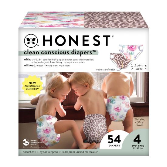 Picture of The Honest Company Clean Conscious Diapers for Sensitive Skin | Hypoallergenic, Fragrance Free | Girl Prints | Club Box, Size 4 (22-37 lbs), 54 Count