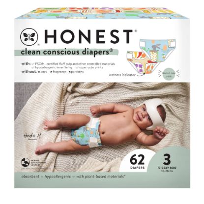 Picture of The Honest Company Clean Conscious Diapers for Sensitive Skin | Hypoallergenic, Fragrance Free | Spring '25 Limited Edition Prints | Club Box, Size 3 (16-28 lbs), 62 Count