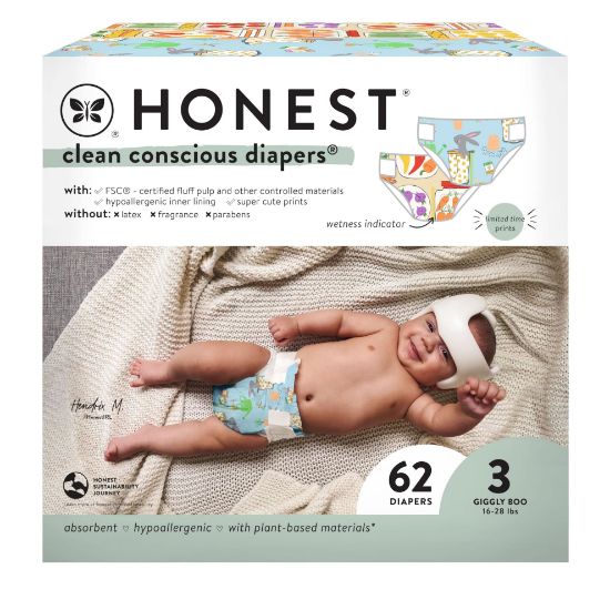 Picture of The Honest Company Clean Conscious Diapers for Sensitive Skin | Hypoallergenic, Fragrance Free | Spring '25 Limited Edition Prints | Club Box, Size 3 (16-28 lbs), 62 Count