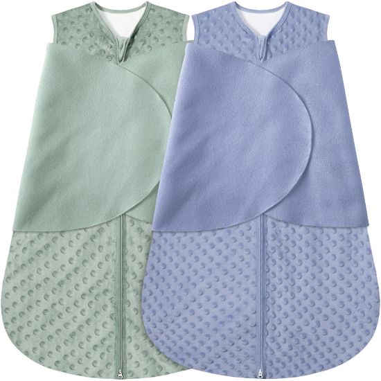 Picture of BSTOPPT Fleece Newborn Sleep Sack Baby Swaddle,3-Way Adjustable Wearable Blanket,2 Pack Fleece Swaddling Sleeping Bag TOG 2.0， (Blue&Green, 0-3 Months)