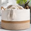 Picture of KAKAMAY Large Blanket Basket (20"x13"),Woven Baskets for storage Baby Laundry Hamper, Cotton Rope Blanket Basket for Living Room, Laundry, Nursery, Pillows, Baby Toy chest (White/Brown)