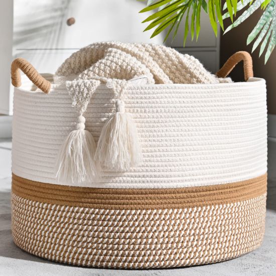 Picture of KAKAMAY Large Blanket Basket (20"x13"),Woven Baskets for storage Baby Laundry Hamper, Cotton Rope Blanket Basket for Living Room, Laundry, Nursery, Pillows, Baby Toy chest (White/Brown)
