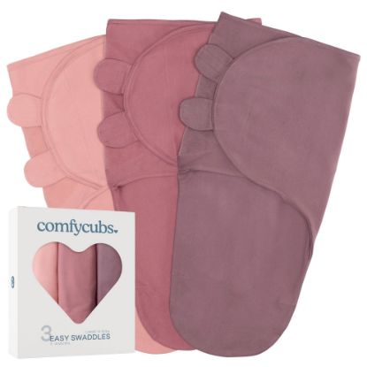 Picture of Comfy Cubs Easy Swaddle Blanket, 3 Pack - 100% Cotton Newborn Wrap, Large for 3-6 Months Infants, with Adjustable Velcro, Breathable and Durable Sleep Sack for Babies - Blush, Mauve & Mulberry