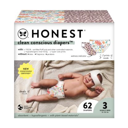 Picture of The Honest Company Clean Conscious Diapers for Sensitive Skin | Hypoallergenic, Fragrance Free | Girl Prints | Club Box, Size 3 (16-28 lbs), 62 Count
