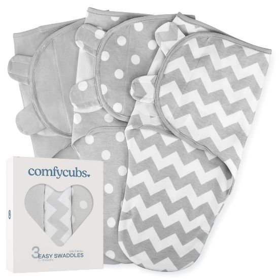 Picture of Comfy Cubs Easy Swaddle Blanket, 3 Pack - 100% Cotton Newborn Wrap, Small for 0-3 Months Infants, with Adjustable Velcro, Breathable and Durable Sleep Sack for Babies - Grey