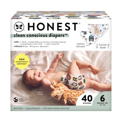 Picture of The Honest Company Clean Conscious Diapers for Sensitive Skin | Hypoallergenic, Fragrance Free | Gender Neutral Prints | Club Box, Size 6 (35+ lbs), 40 Count