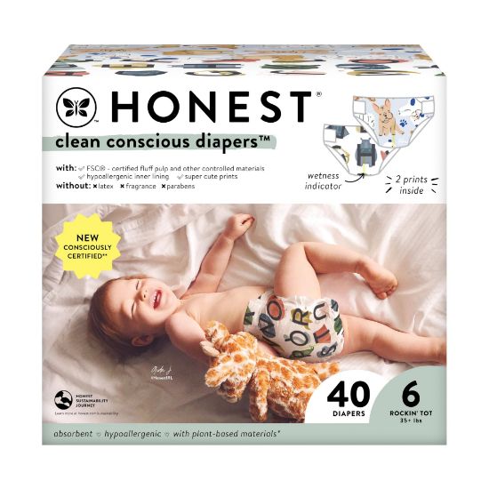 Picture of The Honest Company Clean Conscious Diapers for Sensitive Skin | Hypoallergenic, Fragrance Free | Gender Neutral Prints | Club Box, Size 6 (35+ lbs), 40 Count