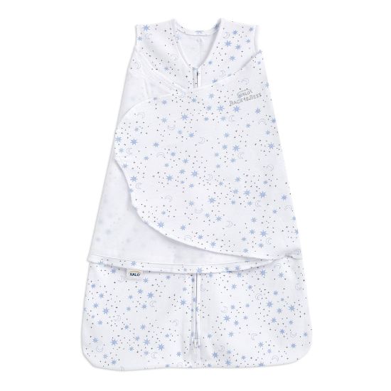 Picture of HALO 100% Cotton Sleepsack Swaddle, 3-Way Adjustable Wearable Blanket, TOG 1.5, Midnight Moons Blue, Small, 3-6 Months