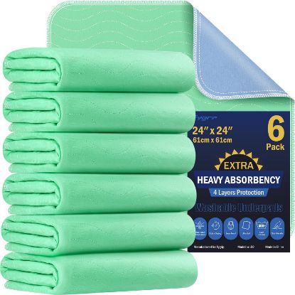 Picture of 6 Pack 24” x 24” Extra Heavy Absorbency Washable Underpads, Waterproof Nursing Pads Incontinence Bed Pads, Reusable Washable Pee Pads for Dogs, Diaper Changing & Adults, Washable Puppy Pads
