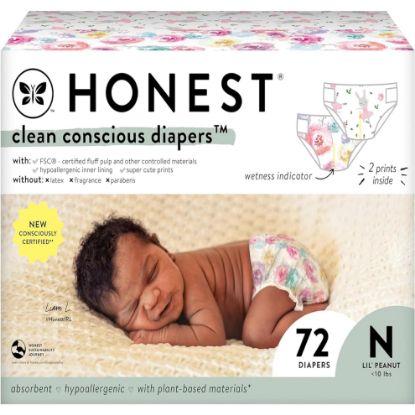 Picture of The Honest Company Clean Conscious Diapers for Sensitive Skin | Hypoallergenic, Fragrance Free | Girl Prints | Club Box, Size Newborn, 72 Count