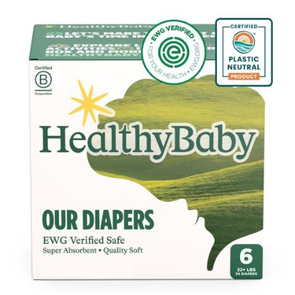 Picture of HealthyBaby Our Diapers | EWG Verified Safe & Plant-Based Diapers | Leak Protection | Soft Organic Cotton Shell | Chlorine-Free Diaper for Sensitive Skin | Size 6 (Over 32 lbs) 34 Count