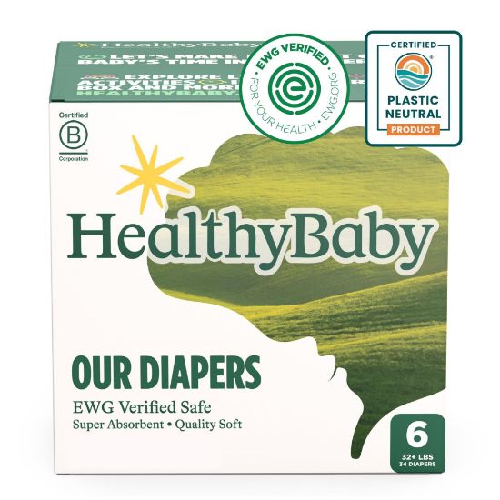 Picture of HealthyBaby Our Diapers | EWG Verified Safe & Plant-Based Diapers | Leak Protection | Soft Organic Cotton Shell | Chlorine-Free Diaper for Sensitive Skin | Size 6 (Over 32 lbs) 34 Count