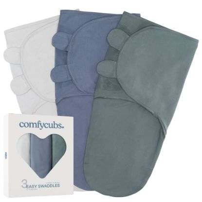 Picture of Comfy Cubs Easy Swaddle Blanket, 3 Pack - 100% Cotton Newborn Wrap, Large for 3-6 Months Infants, with Adjustable Velcro, Breathable and Durable Sleep Sack for Babies - Stone, Nomadic Blue & Azul