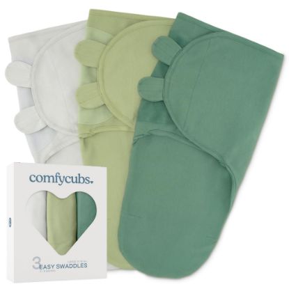 Picture of Comfy Cubs Easy Swaddle Blanket, 3 Pack - 100% Cotton Newborn Wrap, Large for 3-6 Months Infants, with Adjustable Velcro, Breathable and Durable Sleep Sack for Babies - Stone, Sage, Azul