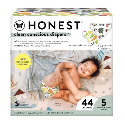 Picture of The Honest Company Clean Conscious Diapers for Sensitive Skin | Hypoallergenic, Fragrance Free | Gender Neutral Prints | Club Box, Size 5 (27+ lbs), 44 Count