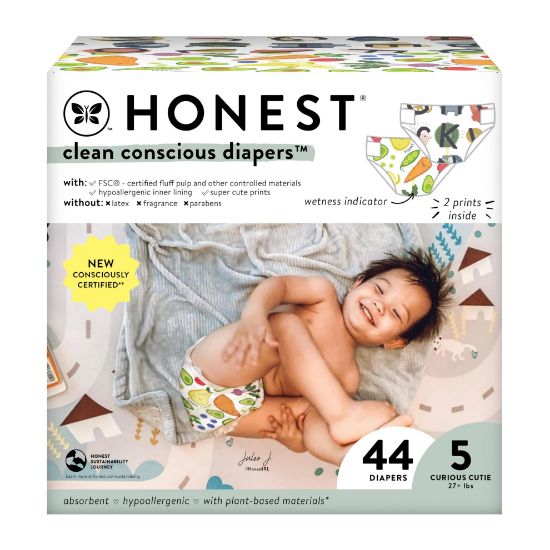 Picture of The Honest Company Clean Conscious Diapers for Sensitive Skin | Hypoallergenic, Fragrance Free | Gender Neutral Prints | Club Box, Size 5 (27+ lbs), 44 Count