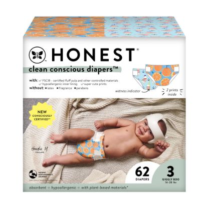 Picture of The Honest Company Clean Conscious Diapers for Sensitive Skin | Hypoallergenic, Fragrance Free | Gender Neutral Prints | Club Box, Size 3 (16-28 lbs), 62 Count