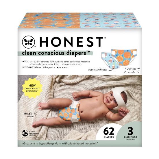 Picture of The Honest Company Clean Conscious Diapers for Sensitive Skin | Hypoallergenic, Fragrance Free | Gender Neutral Prints | Club Box, Size 3 (16-28 lbs), 62 Count