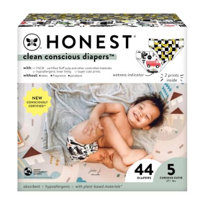 Picture of The Honest Company Clean Conscious Diapers for Sensitive Skin | Hypoallergenic, Fragrance Free | Gender Neutral Prints | Club Box, Size 5 (27+ lbs), 44 Count
