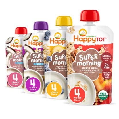 Picture of Happy Tot Organics Stage 4 Baby Food Pouches, Gluten Free, Super Morning Fruit & Oat Variety Pack Blend 4 Oz (Pack of 16), Amazon Exclusive