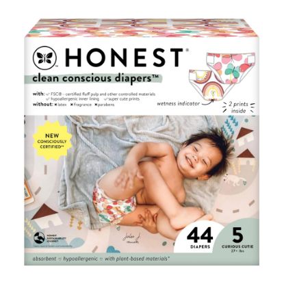 Picture of The Honest Company Clean Conscious Diapers for Sensitive Skin | Hypoallergenic, Fragrance Free | Girl Prints | Club Box, Size 5 (27+ lbs), 44 Count