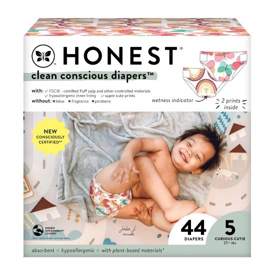 Picture of The Honest Company Clean Conscious Diapers for Sensitive Skin | Hypoallergenic, Fragrance Free | Girl Prints | Club Box, Size 5 (27+ lbs), 44 Count