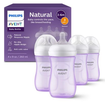 Picture of Philips Avent Natural Baby Bottles with Natural Response Nipples (Medium Flow, Flow 3), 9oz, Purple, 4-Pack, SCY903/34