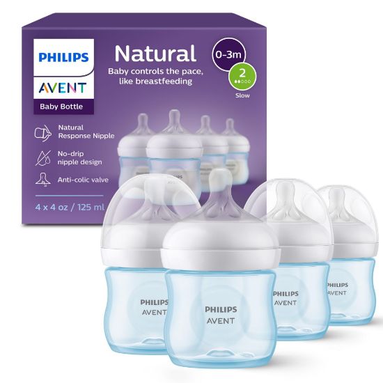 Picture of Philips Avent Natural Baby Bottles with Natural Response Nipples (Slow Flow, Flow 2), 4oz, Blue, 4-Pack, SCY900/24