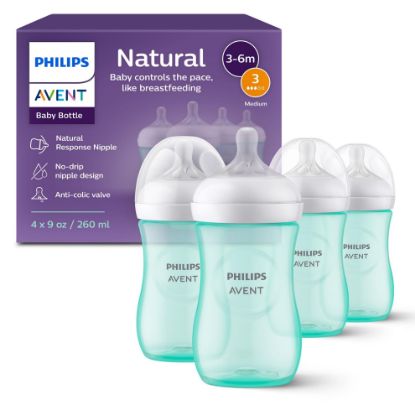 Picture of Philips Avent Natural Baby Bottles with Natural Response Nipples (Medium Flow, Flow 3), 9oz, Teal, 4-Pack, SCY903/44