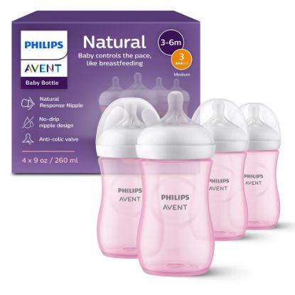 Picture of Philips Avent Natural Baby Bottles with Natural Response Nipples (Medium Flow, Flow 3), 9oz, Pink, 4-Pack, SCY903/14