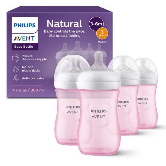 Picture of Philips Avent Natural Baby Bottles with Natural Response Nipples (Medium Flow, Flow 3), 9oz, Pink, 4-Pack, SCY903/14