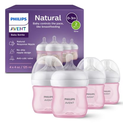 Picture of Philips Avent Natural Baby Bottles with Natural Response Nipples (Slow Flow, Flow 2), 4oz, Pink, 4-Pack, SCY900/14