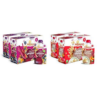 Picture of Happy Tot Organic Stage 4 Baby Food Love My Veggies Banana Beet Squash & Blueberry, 4.22 Ounce (Pack of 16) & Happy Tot Organic Stage 4 Yogurt Oats + Super Chia, 4 Ounce, Pack of 8