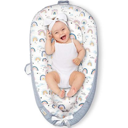 Picture of CosyNation Baby Lounger for Newborn, Soft & Breathable Cotton Newborn Lounger, Adjustable and Portable Infant Lounger & Infant Floor Seat, Newborn Essentials & Baby Registry Search (Rainbow)