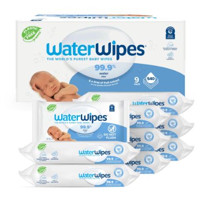 Picture of WaterWipes Plastic-Free Original-baby Wipes, 99.9% Water Based Wipes, Unscented & Hypoallergenic for Sensitive Skin, 60 Count (Pack of 9) Total 540 wipes, Packaging May Vary