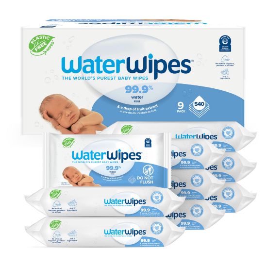 Picture of WaterWipes Plastic-Free Original-baby Wipes, 99.9% Water Based Wipes, Unscented & Hypoallergenic for Sensitive Skin, 60 Count (Pack of 9) Total 540 wipes, Packaging May Vary