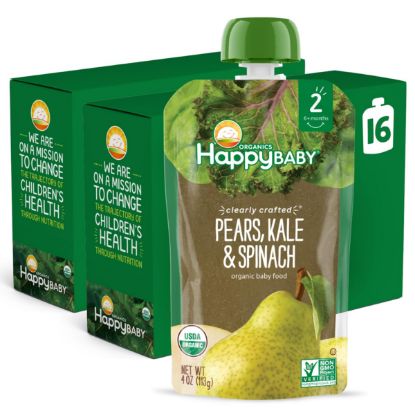 Picture of Happy Baby Organics Stage 2 Baby Food Pouches, Gluten Free, Vegan & Healthy Snack, Clearly Crafted Fruit & Veggie Puree, Pears, Kale & Spinach, 4 Ounces (Pack of 16)