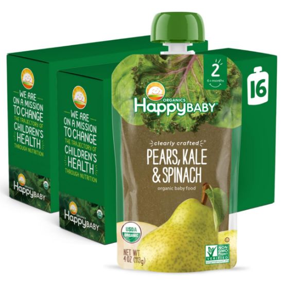 Picture of Happy Baby Organics Stage 2 Baby Food Pouches, Gluten Free, Vegan & Healthy Snack, Clearly Crafted Fruit & Veggie Puree, Pears, Kale & Spinach, 4 Ounces (Pack of 16)