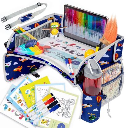 Picture of PILLANI Kids Travel Tray for Car - Car Seat Tray for Kids, Roadtrip Essentials, Carseat Table Tray for Kids Road Trip Activities - Toddler Lap Desk Organizer for Airplane