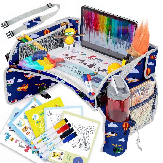 Picture of PILLANI Kids Travel Tray for Car - Car Seat Tray for Kids, Roadtrip Essentials, Carseat Table Tray for Kids Road Trip Activities - Toddler Lap Desk Organizer for Airplane