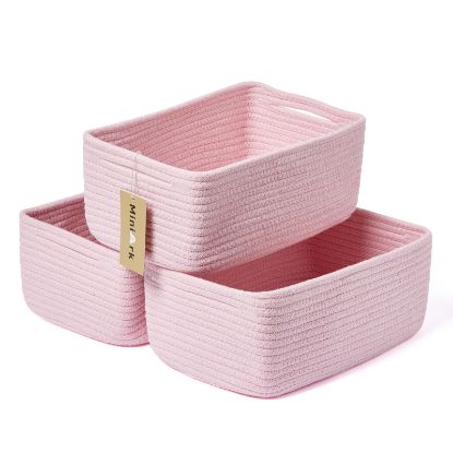 Picture of MiniArk Shelf Storage Baskets for Organizing | Closet Organizer Bins | Small Toy Basket | Woven Rope Baskets | Cube Decorative Box | Shallow Basket | 13×8.5×5.1” | 3 Packs Pink