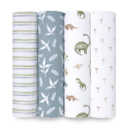 Picture of aden + anais Essentials Baby Muslin Swaddle Blankets, Newborn Receiving Blanket for Swaddling, 100% Cotton Baby Swaddle Wrap, 4 Pack, Dino Jungle