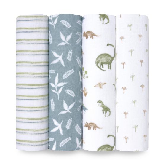 Picture of aden + anais Essentials Baby Muslin Swaddle Blankets, Newborn Receiving Blanket for Swaddling, 100% Cotton Baby Swaddle Wrap, 4 Pack, Dino Jungle