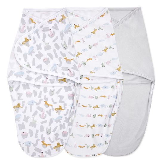 Picture of aden + anais, Cotton Knit Baby Wrap, Newborn Wearable Swaddle Blanket, 3 Pack, Multicolor Alphabet Animals, 0-3 Months