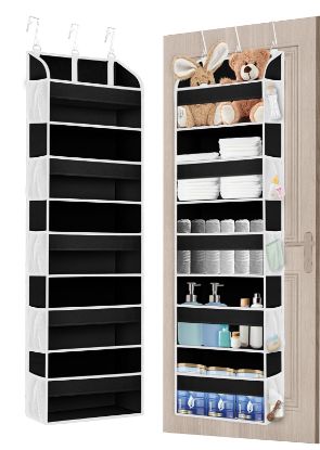 Picture of TAHAVICE 2 Pack Over The Door Storage Organizer with 5 Pockets 10 Mesh Side Pockets, 44 lbs Weight Capacity Door Hanging Organizers and Storage for Bedroom,Bathroom,Nursery,Pantry,Dorm(Black)