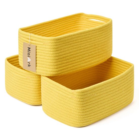 Picture of MiniArk Shelf Storage Baskets for Organizing | Closet Organizer Bins | Small Baskets | Toy Basket | Cute Decorative Basket | Cube Storage Bin | Woven Rope Basket | 13×8.5×5.1” | 3 Packs Yellow